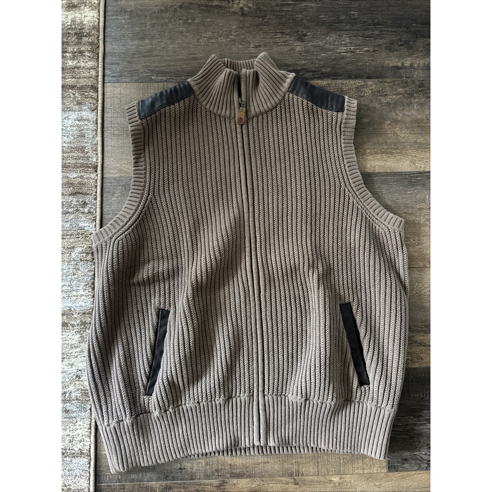 NATIONAL GEOGRAPHIC Men's Medium Brn Cotton Leather Chunky Ribbed Full Zip Vest